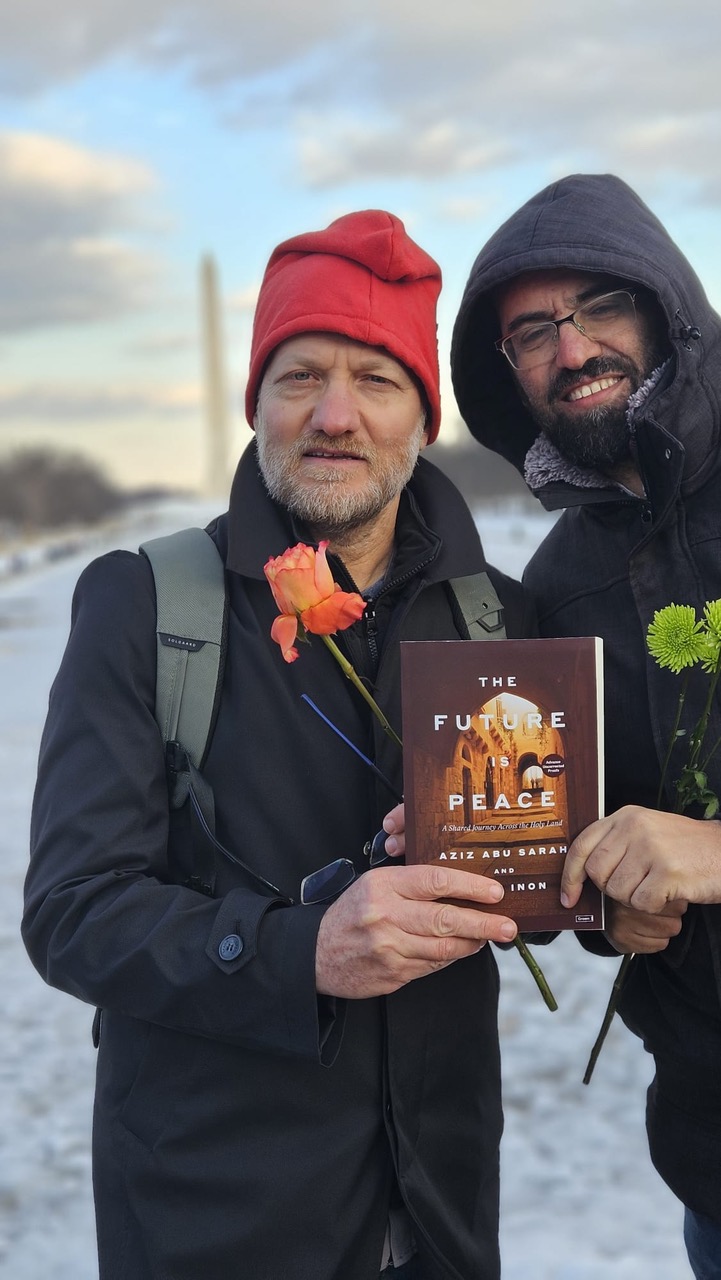 Pictured wearing a Phrygian Cap is outspoken Israeli peace advocate Moaz Inon and Palestinian, Israeli peace advocate Aziz Abu Sarah. They were spotted in Washington, DC as they met will members of Congress and promote their literally trail blazing work and new book, “The Future is Peace." 